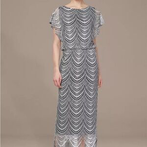 SLNY Silver Sequin Gown with Flutter Sleeves